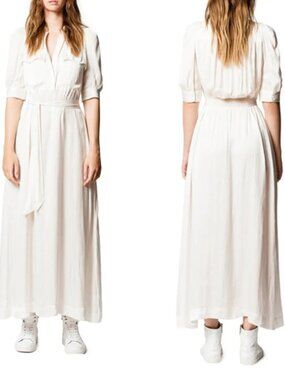 NWT $598 Zadig & Voltaire REMEDY Ivory Pocket Ribbon Belt Long Shirt Dress S